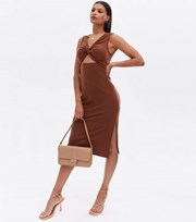 New Look Light Brown Ribbed Sleeveless Twist Front Midi Dress